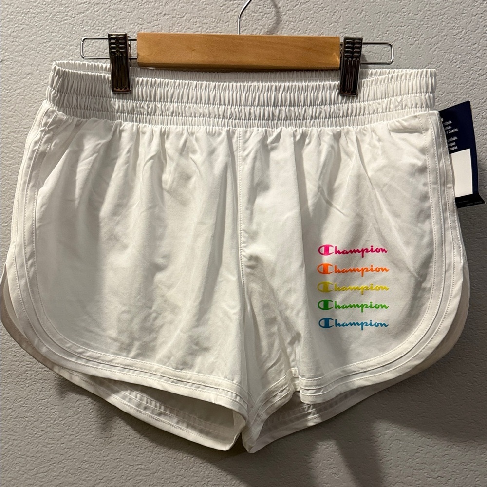 Champion White Athletic Shorts with Vertical Rainbow Logos